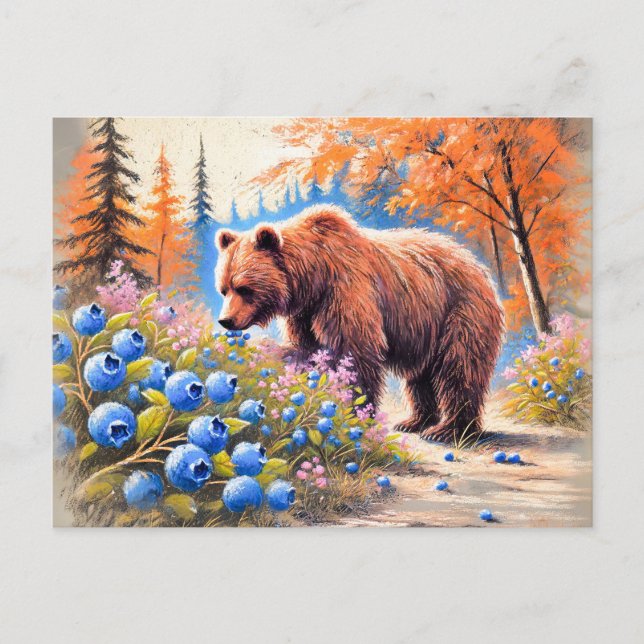 Cartão Postal Urso Castanho com Arte do Chalk Pastel Blueberry (Frente)