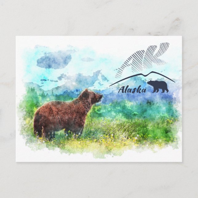 Cartão Postal Urso castanho Kodiak (AK) do Alasca. Pintura de aq (Frente)