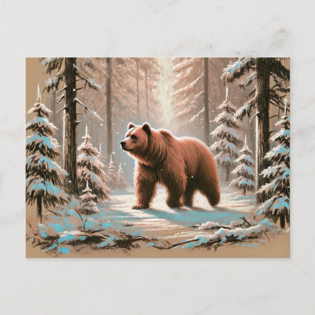 Cartão Postal Urso Castanho na Floresta de Neve - Arte do Pão (Frente)