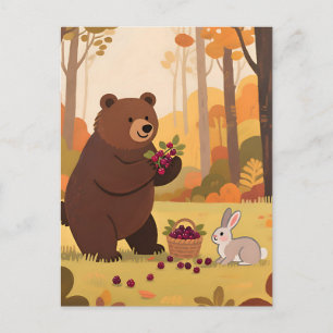 Cartão Postal Urso Coelho de Floresta de Outono
