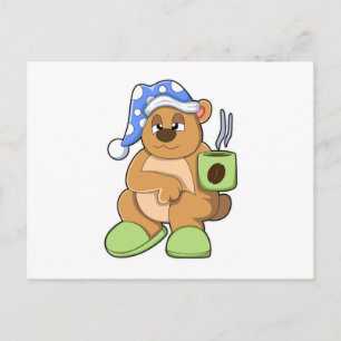 Cartão Postal Urso com xícara de café e dorminhoco