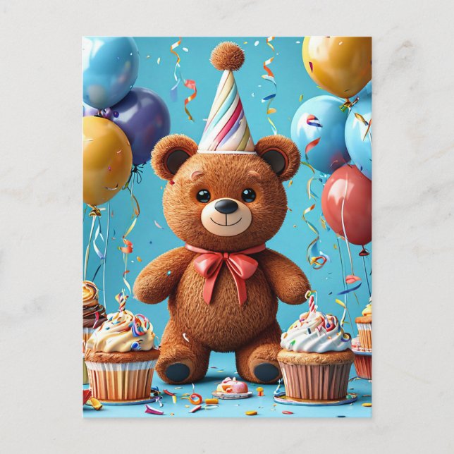 Cartão Postal Urso de aniversário com bolo e balões (Frente)