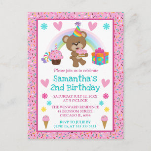 Cartão Postal Urso de aniversário fofo & Arco-íris & Bolo