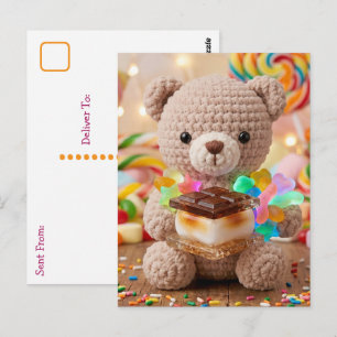 Cartão Postal Urso de Crochê com S'more   Dizendo Oi
