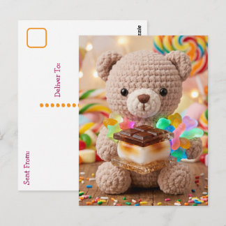 Cartão Postal Urso de Crochê com S'more | Dizendo Oi