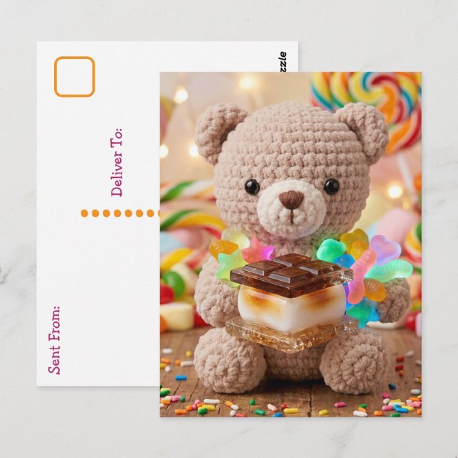 Cartão Postal Urso de Crochê com S'more | Dizendo Oi (Frente/Verso)