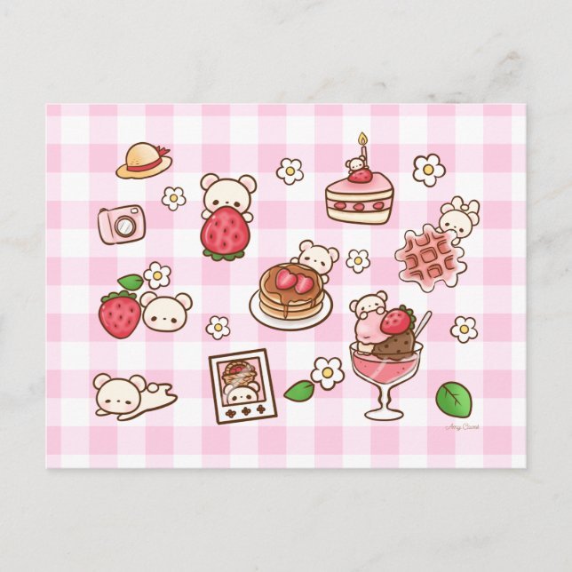 Cartão Postal Urso de Morango Kawaii Doce Rosa Xadrez (Frente)