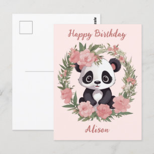 Cartão Postal Urso de Panda Adorável com Flores