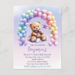 Cartão Postal Urso de Pelúcia Aniversário de 1 ano Balões Colori