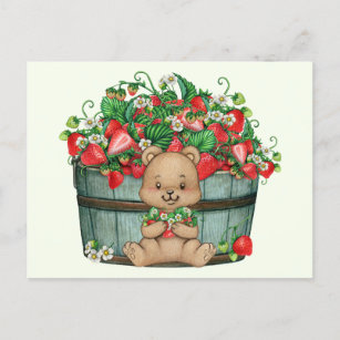 Cartão Postal Urso de pelúcia-branca e cesto de morango-russo