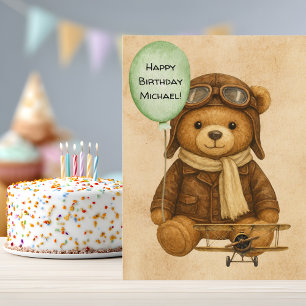 Cartão Postal Urso de Pelúcia Caprichoso Avião Antigo Fofo Perso