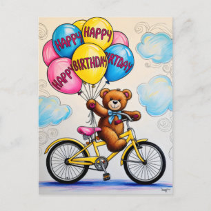 Cartão Postal Urso de pelúcia em bicicleta segurando balões
