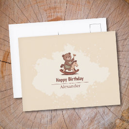 Cartão Postal Urso de pelúcia montando um Cavalo de Balanço