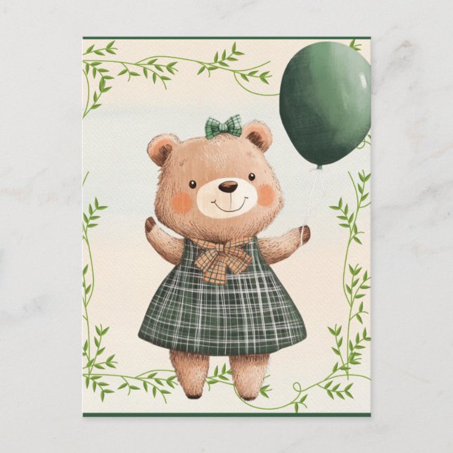 Cartão Postal Urso de Vestido Verde da Xadrez com Arco de Cabelo (Frente)