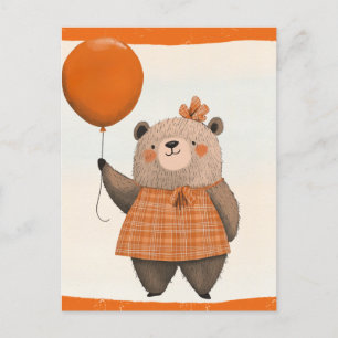 Cartão Postal Urso de vestido xadrez laranja com laço no cabelo