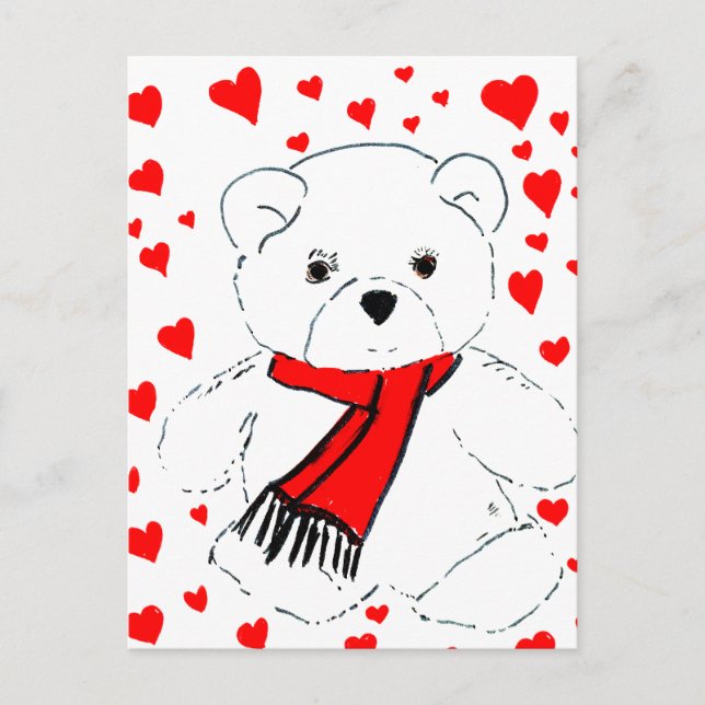 Cartão Postal Urso e Corações Brancos (Frente)