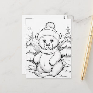 Cartão Postal Urso festivo para colorir infantil