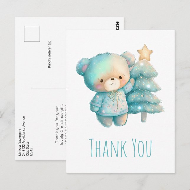 Cartão Postal Urso Fofo e Árvore de Natal Obrigado (Frente/Verso)