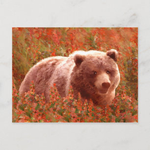 Cartão Postal Urso Grizzly na Pintura de Arte Selvagem com Algas