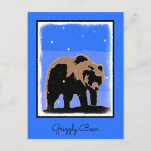 Cartão Postal Urso Grizzly no inverno - Arte original sobre a vi