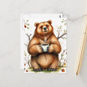 Cartão Postal Urso Marrom Adorável e um Café
