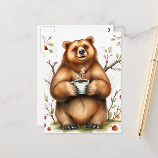 Cartão Postal Urso Marrom Adorável e um Café (Frente/Verso In Situ)