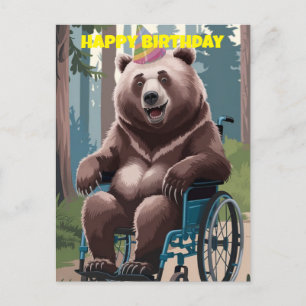 Cartão Postal urso marrom em cadeira de rodas natureza aniversár
