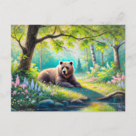 Cartão Postal Urso na Floresta Glade Desenho de Giz de Pastel
