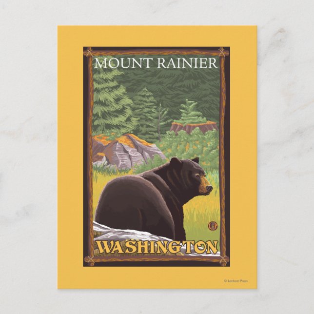 Cartão Postal Urso Negro na Floresta - Monte Rainier, Washington (Frente)