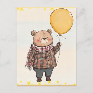 Cartão Postal Urso no Suéter de Xadrez Marrom com Balão Amarelo