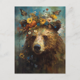 Cartão Postal Urso numa Coroa de flores e borboletas