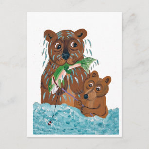 Cartão Postal Urso pai tentando ensinar filhote a pescar