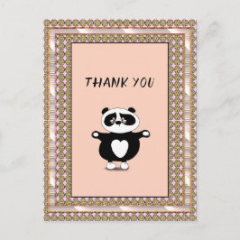 Cartão Postal Urso Panda Agradecido Moldura Floral Dourado Rosa
