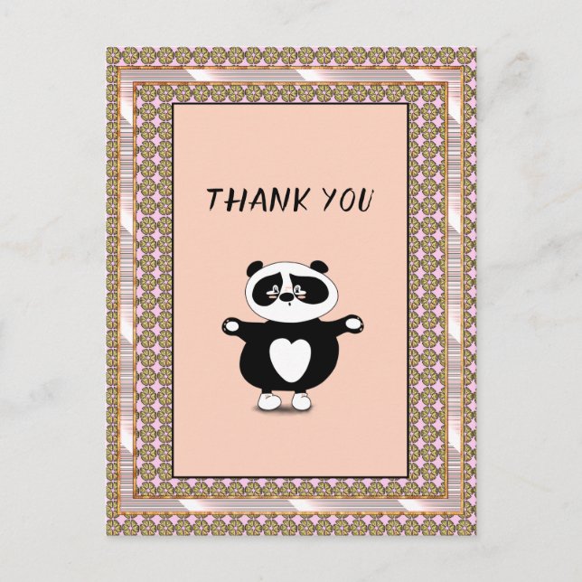 Cartão Postal Urso Panda Agradecido Moldura Floral Dourado Rosa (Frente)