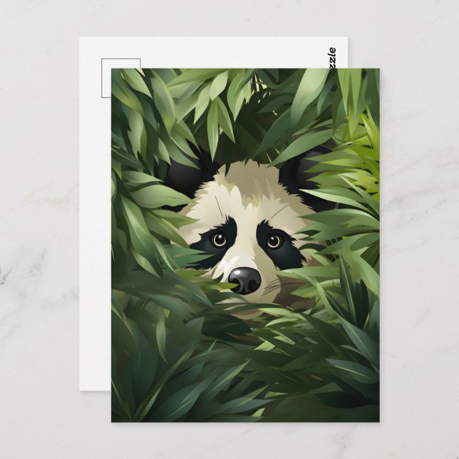 Cartão Postal Urso panda bonito escondido atrás de folhas verdes (Frente/Verso)
