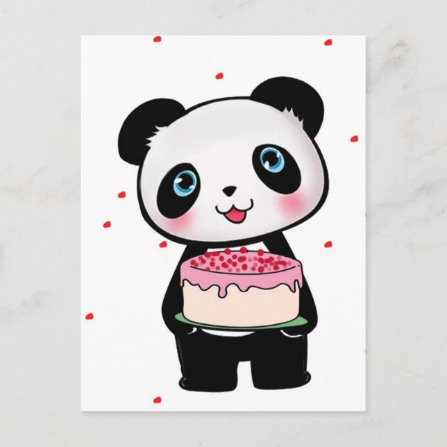 Cartão Postal Urso Panda Rosa de Aniversário com Entusiasta do V (Frente)