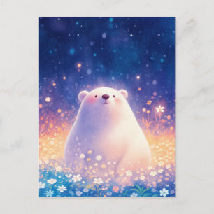 Cartão Postal Urso Polar Bebê Doce no Prado Estrelado