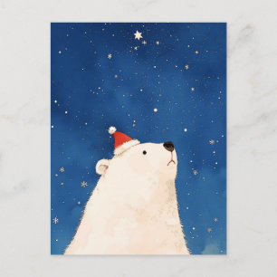 Cartão Postal Urso Polar Caprichoso em Aquarela sob uma Noite Es