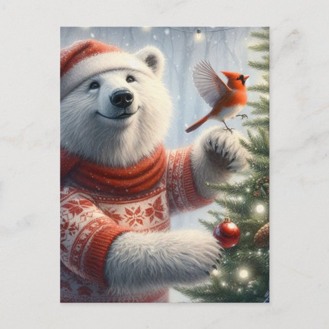 Cartão Postal Urso Polar de Natal Adorável e o Cardinal (Frente)