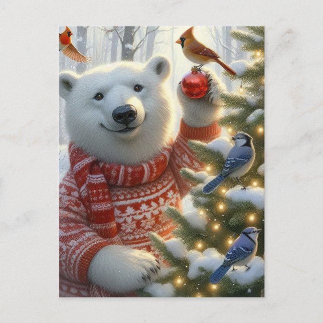 Cartão Postal Urso Polar de Natal e Pássaros Adoráveis (Frente)