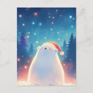 Cartão Postal Urso Polar do Natal Doce na Floresta Estrelada