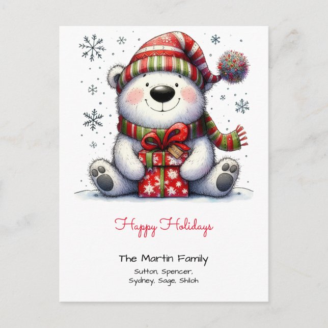 Cartão Postal Urso Polar Fofo com Chapéu de Papai Noel Feliz Nat (Frente)