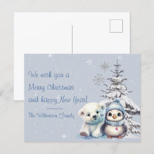 Cartão Postal Urso Polar Fofo e Pinguim Natal no Polo Norte