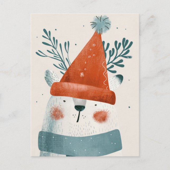 Cartão Postal Urso Polar Vestindo o Chapéu de Papai Noel minimal (Frente)
