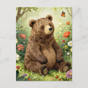 Cartão Postal Urso vintage e borboletas em um jardim