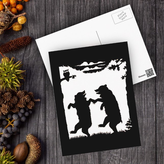 Cartão Postal Ursos Dançantes Silhueta Preta (Two black silhouette dancing bears in woods owl in tree on postcard.)