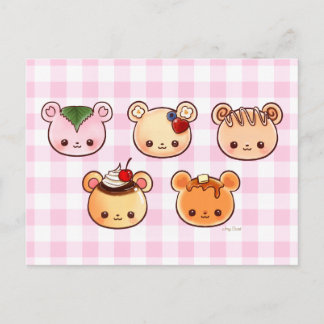 Cartão Postal Ursos de Sobremesa Pudim Panqueca Crepe Mochi Cane