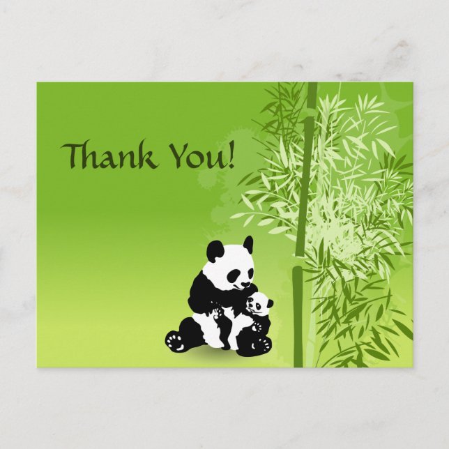 Cartão Postal Ursos Panda, Mãe e Bebê com Bambu Obrigado (Frente)