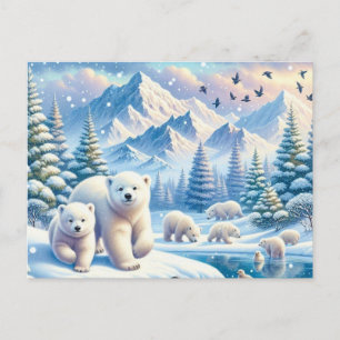 Cartão Postal Ursos Polares e Pintura da Cena de Inverno de Neve