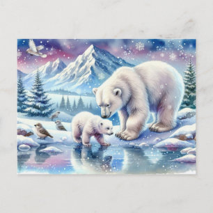 Cartão Postal Ursos Polares e Pintura de Cena de Inverno Nevado